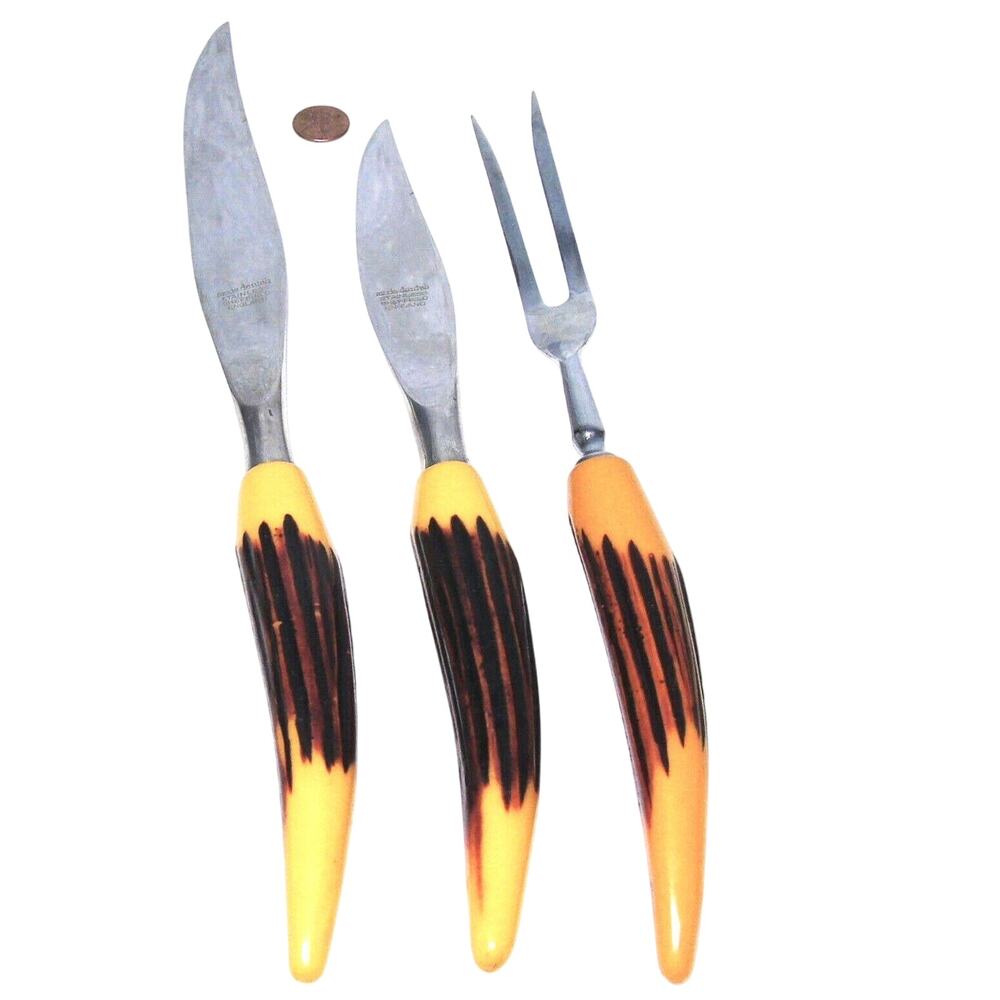 Sheffield England Carving Set Stainless Lucite Antler 2 Knives Fork Danish Made